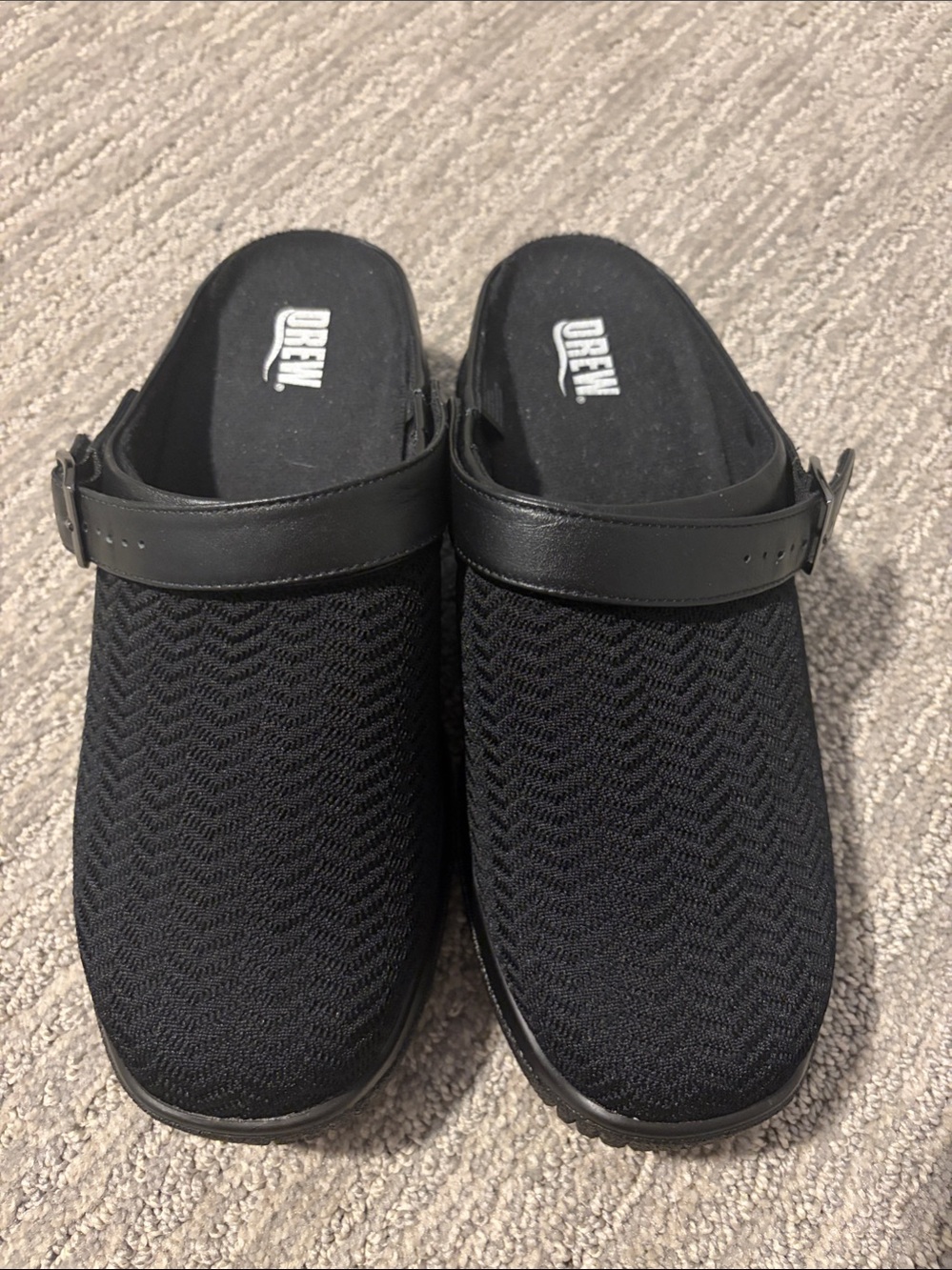 DREW Savannah Black Knit Slip-On Clogs with Adjustable Buckle